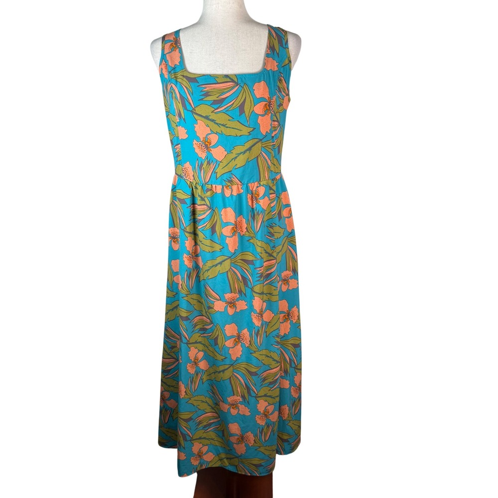 Toad&Co Sun-kissed Midi Dress Tropical Large Blue Orange Recycled Summer Boho